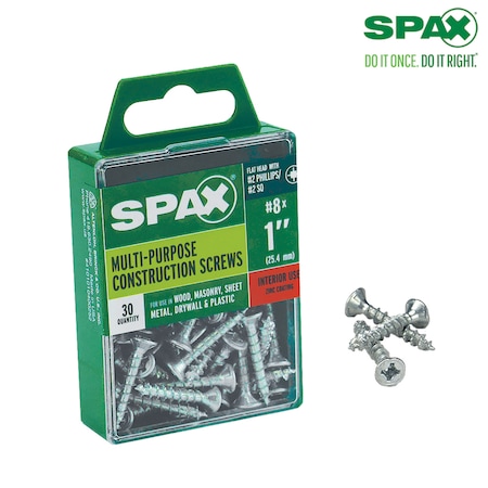 Spax Sheet Metal Screw, #8 x 1 in, Zinc Plated Steel Flat Head Square Drive 4101010400252